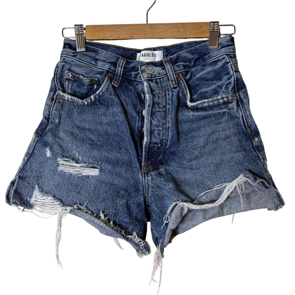 Agolde Women Dee Short 23 Blue Distressed High Rise Denim Organic Cotton Festiva